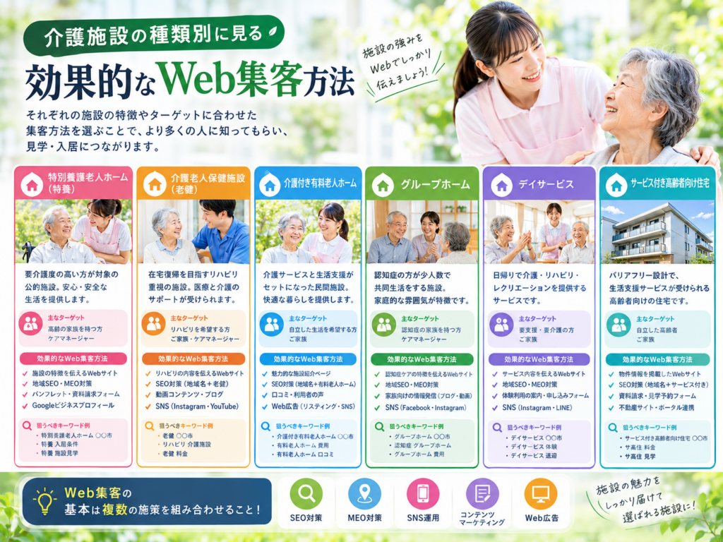 介護施設の種類別に効果的なWeb集客方法｜SEO・MEO・SNS・Web広告の活用ポイント