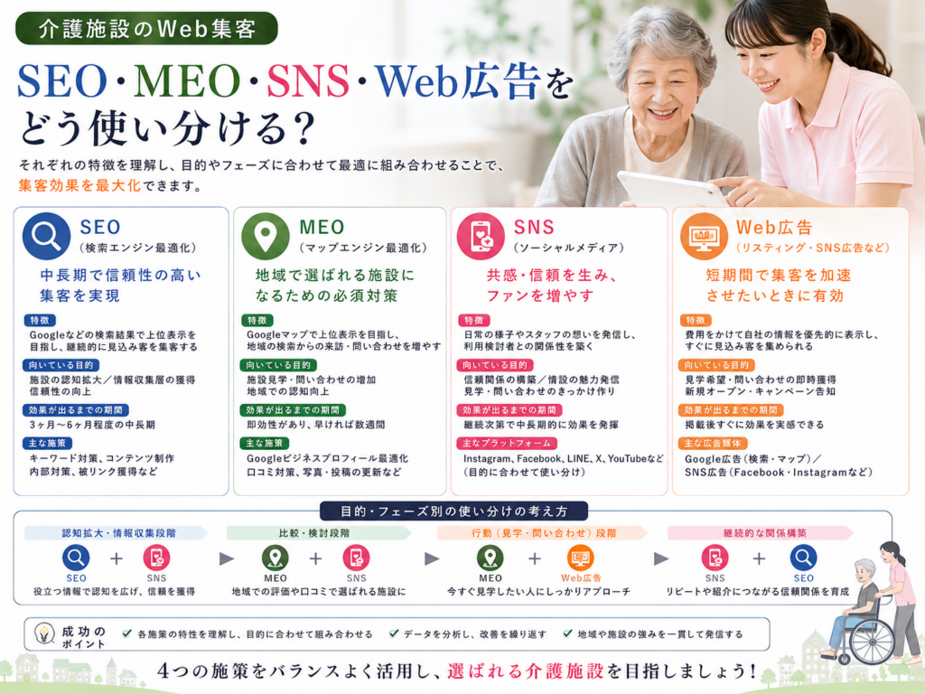 介護施設のWeb集客でSEO・MEO・SNS・Web広告を目的別に使い分けて問い合わせを増やす方法