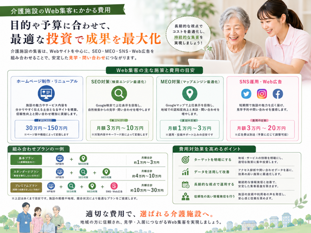 介護施設のWeb集客にかかる費用｜ホームページ・SEO・MEO・SNS・Web広告の料金目安