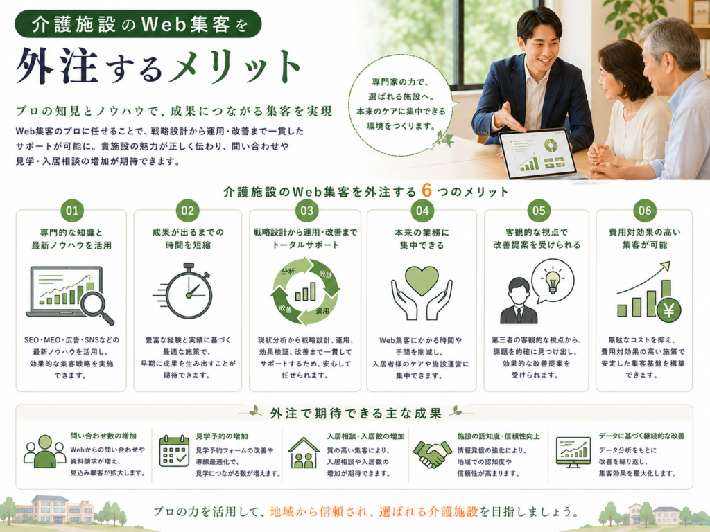 介護施設のWeb集客を外注するメリット｜SEO・MEO・SNS・Web広告を活用して問い合わせを増やす