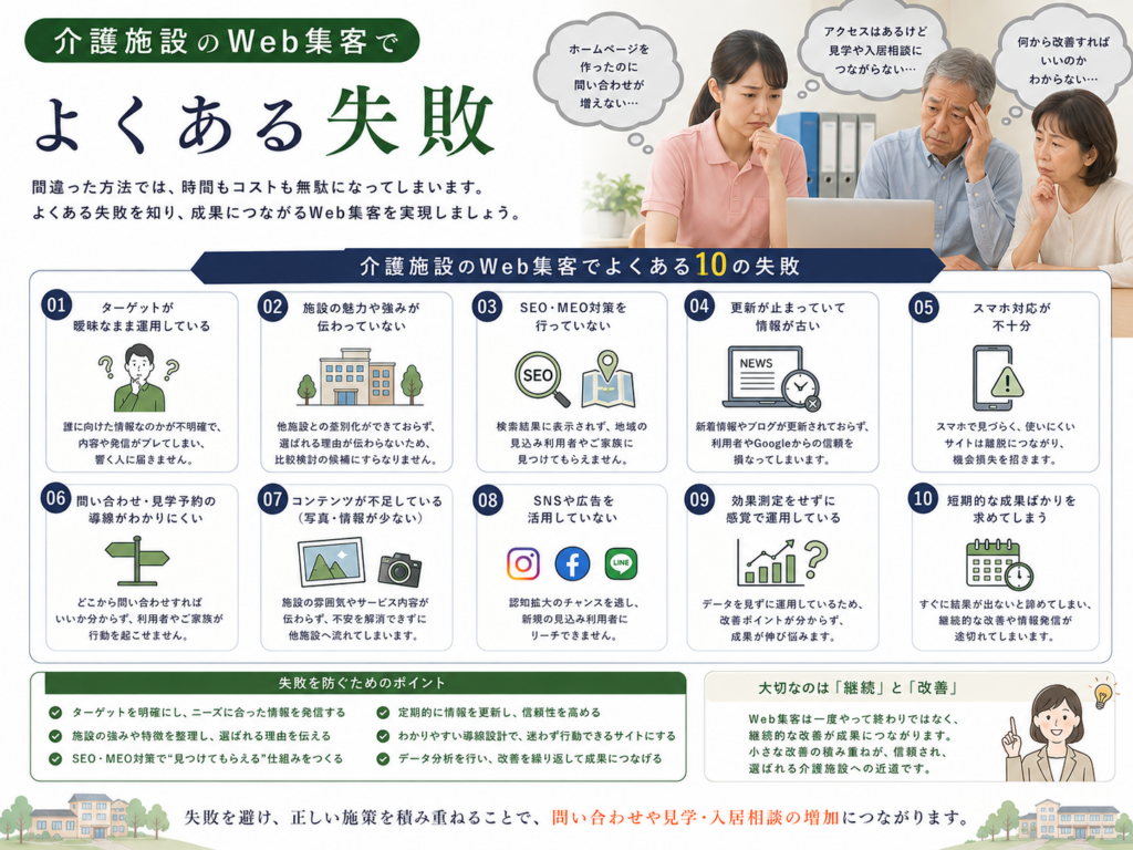 介護施設のWeb集客でよくある失敗と問い合わせ・施設見学・入居相談を増やすための改善ポイント
