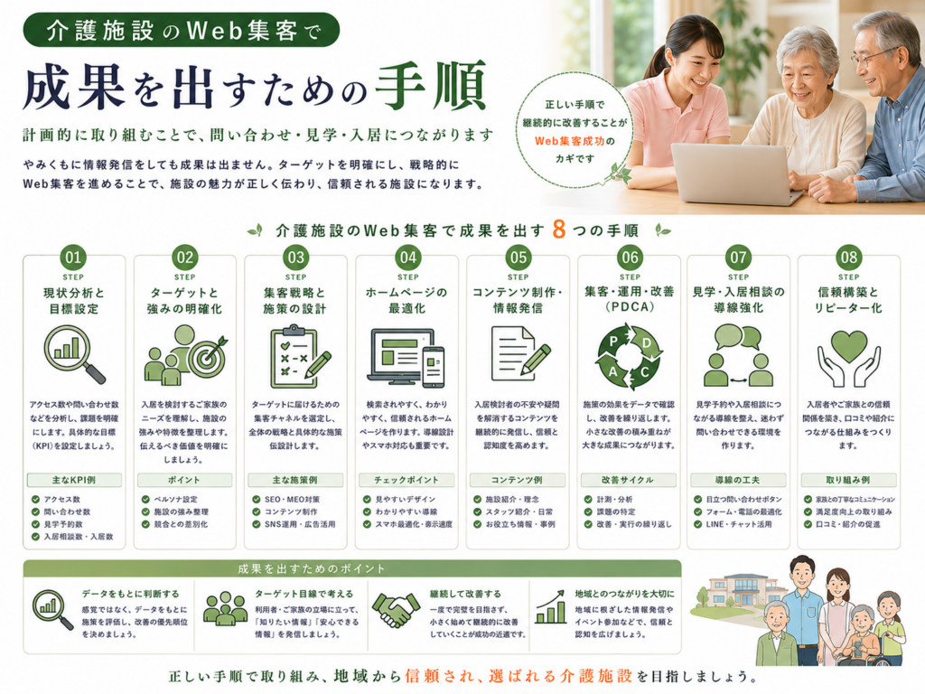 介護施設のWeb集客で成果を出すための手順｜現状分析・SEO・MEO・コンテンツ制作・改善の進め方