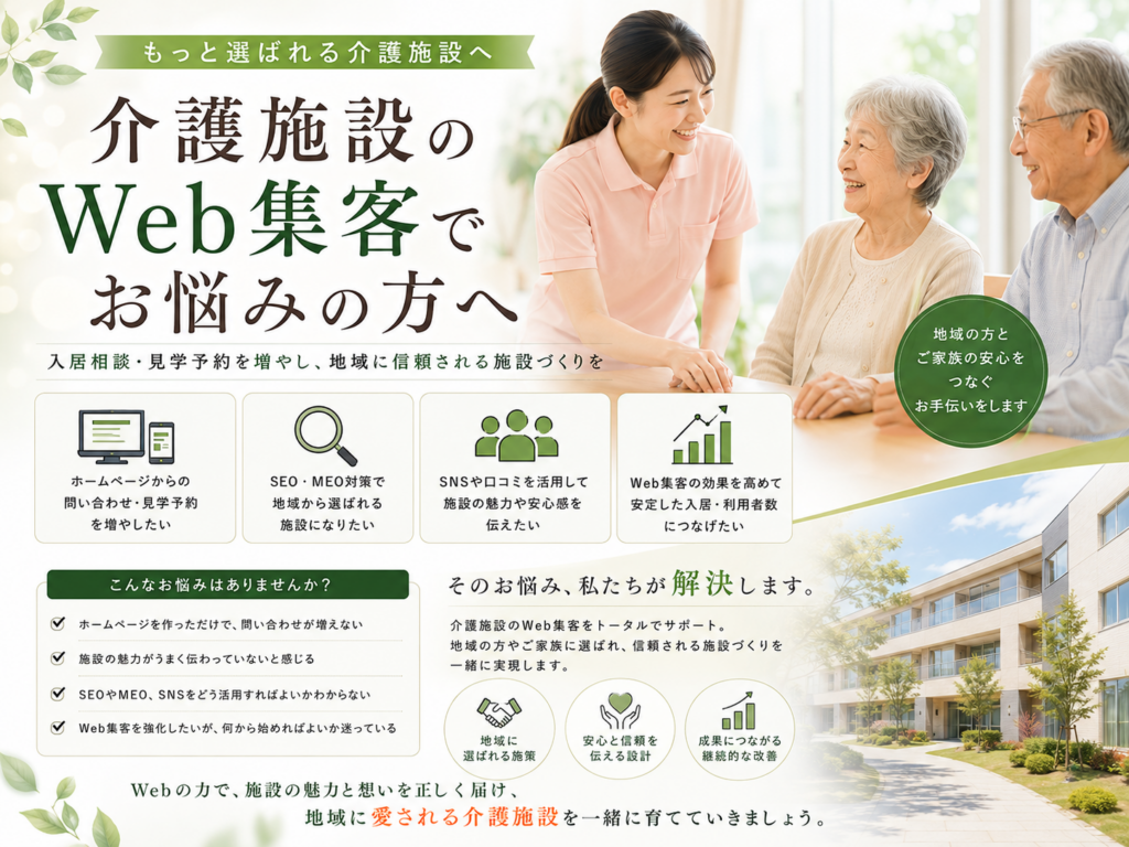 介護施設のWeb集客でお悩みの方へ｜SEO・MEO・ホームページ改善で問い合わせ・見学予約を増やす方法