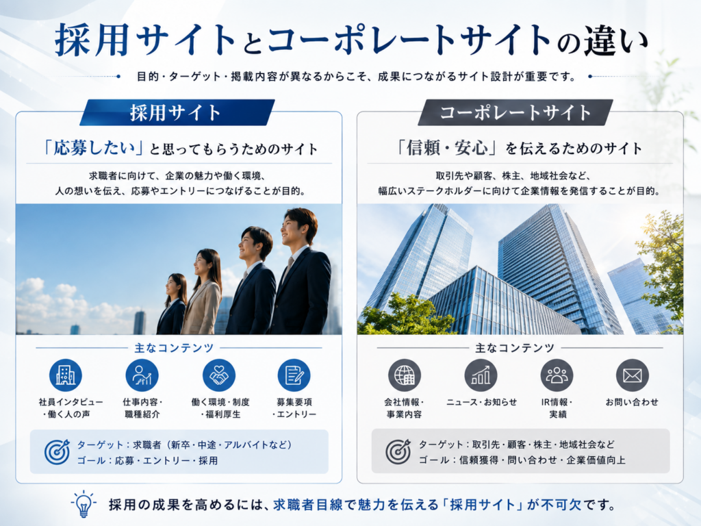 採用サイトとコーポレートサイトの目的・ターゲット・掲載コンテンツの違いを比較した図