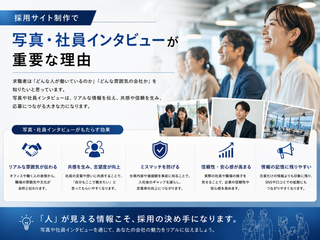 採用サイト制作で写真や社員インタビューを活用し企業の雰囲気や働く人の魅力を求職者に伝える重要性