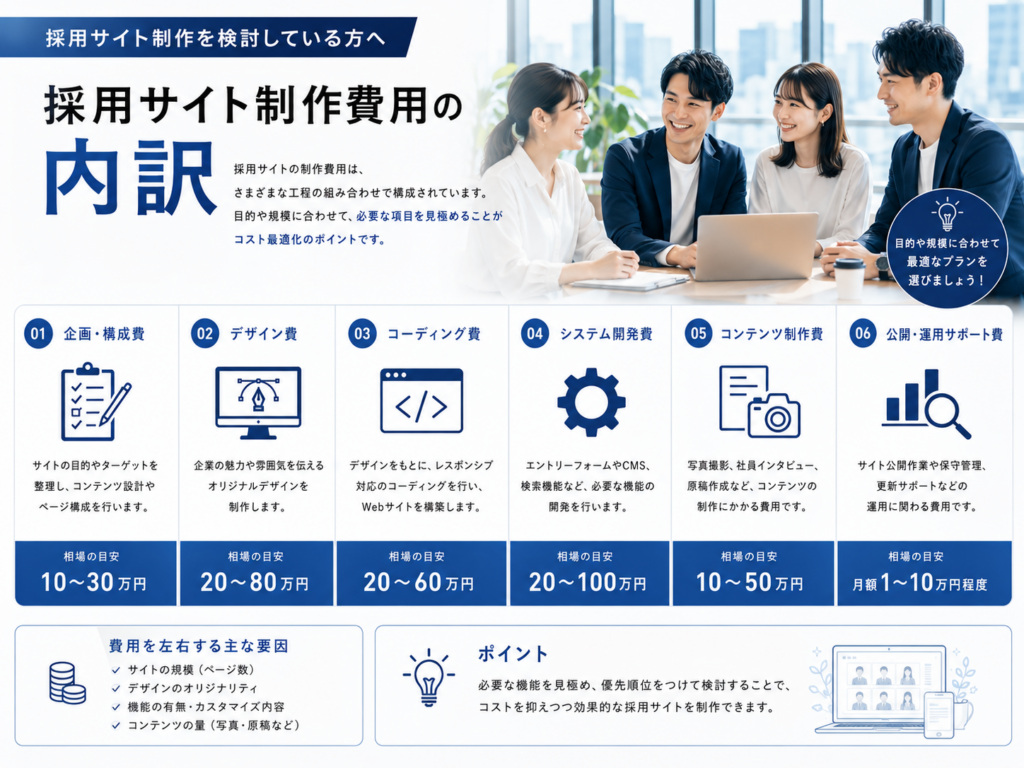 採用サイト制作費用の内訳と企画・デザイン・コーディング・システム開発などの費用項目