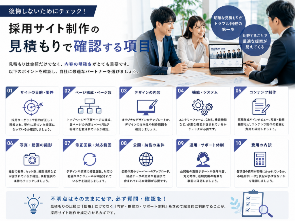 採用サイト制作の見積もりで確認すべきページ構成・デザイン・機能・費用などの項目