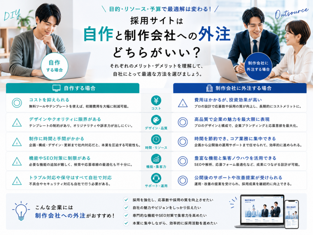 採用サイトを自作する場合と制作会社へ外注する場合の費用・品質・時間・SEO・サポートの違い