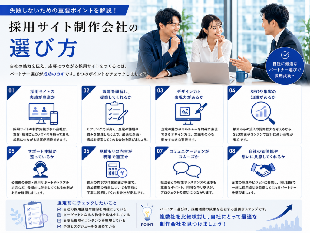 採用サイト制作会社の選び方と実績・提案力・デザイン・SEO・サポートなどの比較ポイント