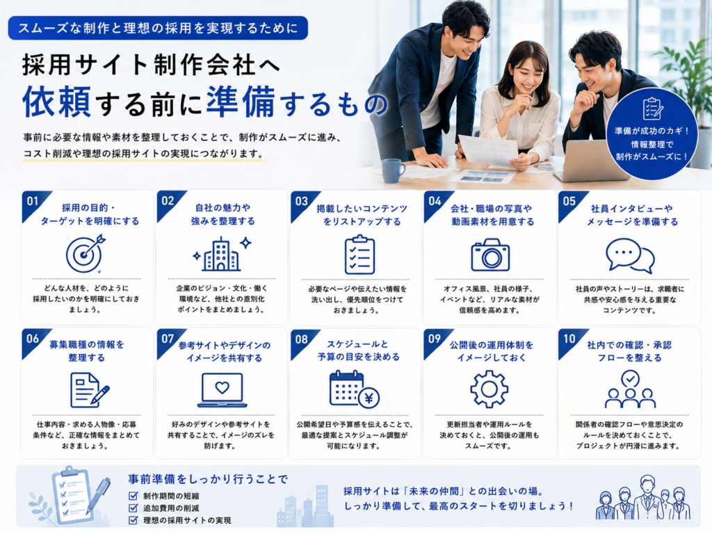 採用サイト制作会社へ依頼する前に準備する採用目的・コンテンツ・写真・募集職種・予算などの項目