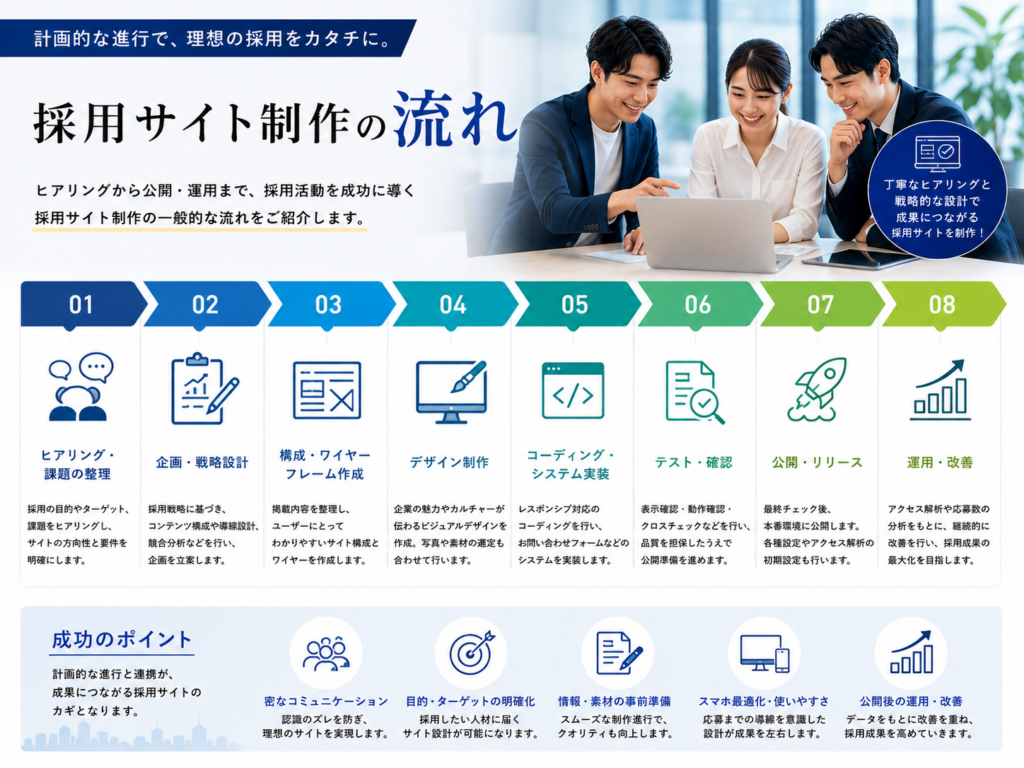 採用サイト制作のヒアリング・企画・デザイン・コーディングから公開・運用改善までの流れ