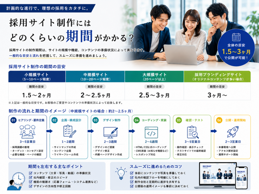採用サイト制作にかかる期間の目安とヒアリングからデザイン・公開までの制作スケジュール