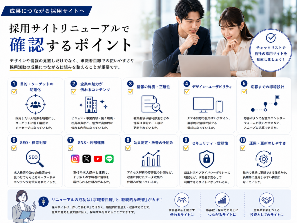 採用サイトリニューアルで確認するSEO・導線設計・スマホ対応・コンテンツ・運用改善のポイント