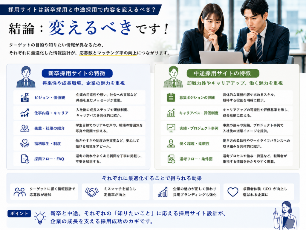 採用サイトで新卒採用と中途採用それぞれに適したコンテンツと情報設計の違い