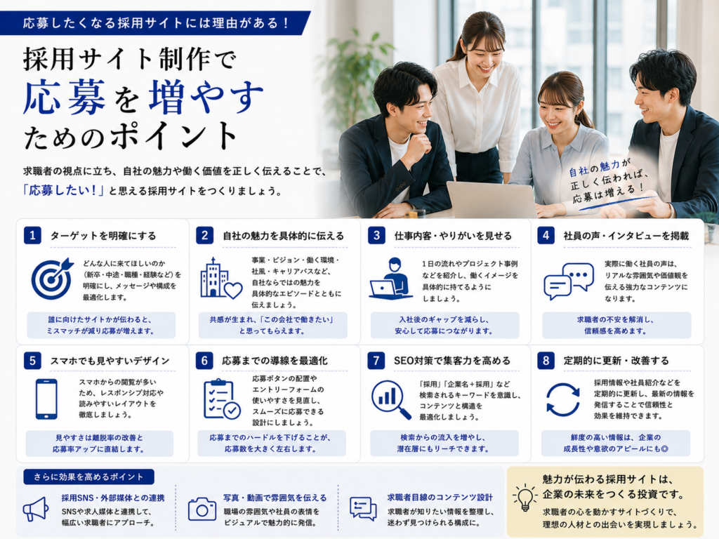 採用サイト制作で応募を増やすためのターゲット設定・コンテンツ・導線設計・SEO対策のポイント